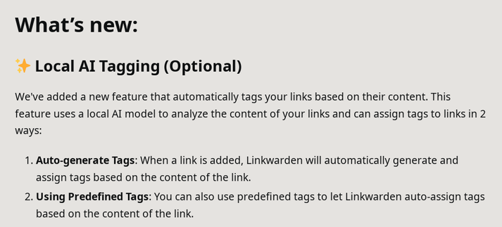 Captura de pantalla de la descripción de Local AI Tagging, una feature que usa IA para auto generar tags o elegir entre las tags existentes al guardar nuevos links