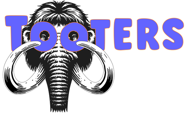A logo that says "Tooters" in the style of the "Hooters" restaurant chain, except it has a mastodon looking through the Os instead of an owl.