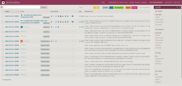 Captura de pantalla de la interfaz web de Archivebox mostrando un listado de links en distintos estados de procesamiento.