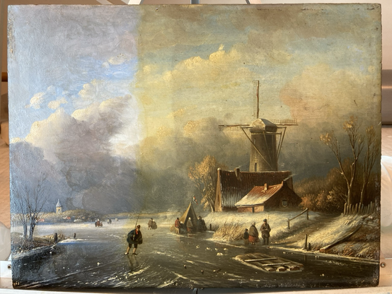 Typical dutch painting, with skaters on ice, mill, farmhouse. Halfway treatment, taking of a yellowed varnish.