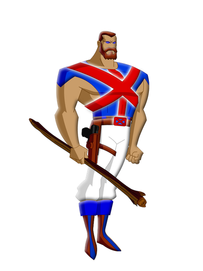 A muscular man with a brown beard in a British flag inspired costume., carrying a stick.