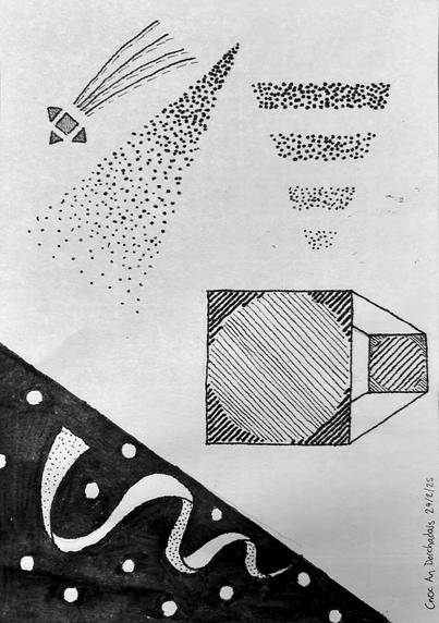 Five parts in black ink on a white background: 

1) A square with triangles just off three of its sides, with four thick lines next to dashed ones behind it like a shooting star
2) An acute triangle of dots next to it, the dots get smaller and more spread out as it expands 
3) To the right of that, four bands of dots of decreasing size, in the general formation of an inverted isosceles triangle 
4) Below that, two squares containing straight lines making the shape of a circle - the larger square has thin "circle" lines and the smaller square has larger ones. The opposite thickness is used for lines in the gap around the circle, at right angles.
5) At the bottom left of the page it's all black with the shape of a fluttering ribbon. The underside has dots on, and there are some white circles in the darkness.