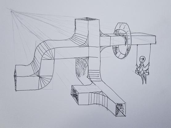 A slightly random shape resembling air ducts, drawn to practice perspective. From the left, or begins with an S shape, then an L protruding forwards. On the top right there is a right floating around a protruding duct. A swing hangs from the rightmost end, and a little man is sitting on it.