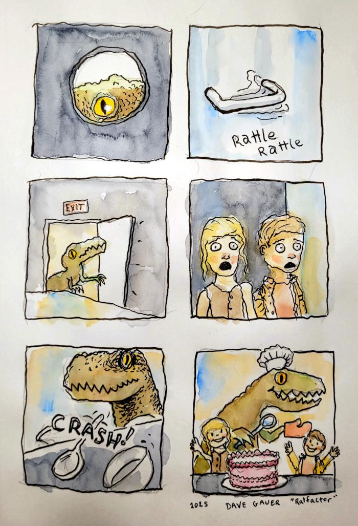 A hand-drawn comic with six panels. It's the kitchen scene from the movie Jurassic Park. Panel 1: A velociraptor looks through the circular window in the park's commercial kitchen door. 2: The d oor handle is jiggling with a "rattle rattle" sound. 3: The door is open and the velociraptor has entered the kitchen! 4: A pair of kids are huddled, terrified, behind  a stainless steel counter. 5: The velociraptor is knocking cooking implements off of the counter with a crash! 6: The velociraptor is wearing a baker's hat and an oven mitt and has baked a cake!  The raptor and the kids are happy about the cake. The end. Drawn in 2025 by David Gauer aka "Ratfactor"