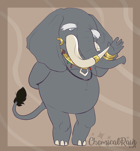 Furry art. Elderly, Chibi, male elephant waving. he is dressed in golden jewlery and gems