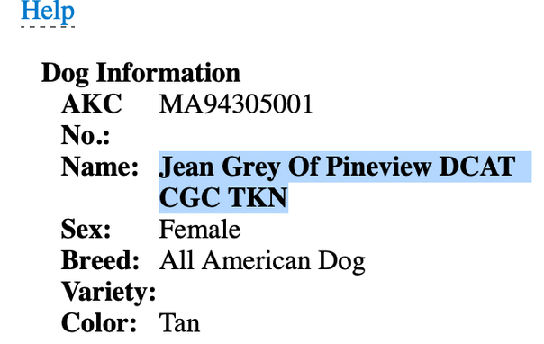 screenshot from the AKC online portal. "Jean Grey of Pineview DCAT CGC TKN" is highlighted.
