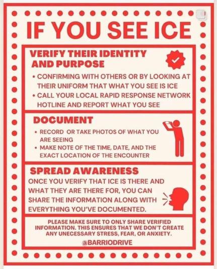 IF YOU SEE ICE: VERIFY THEIR IDENTITY AND PURPOSE • CONFIRMING WITH OTHERS OR BY LOOKING AT THEIR UNIFORM THAT WHAT YOU SEE IS ICE ⚫ CALL YOUR LOCAL RAPID RESPONSE NETWORK HOTLINE AND REPORT WHAT YOU SEE DOCUMENT • RECORD OR TAKE PHOTOS OF WHAT YOU ARE SEEING ⚫ MAKE NOTE OF THE TIME, DATE, AND THE EXACT LOCATION OF THE ENCOUNTER SPREAD AWARENESS ONCE YOU VERIFY THAT ICE IS THERE AND WHAT THEY ARE THERE FOR, YOU CAN SHARE THE INFORMATION ALONG WITH EVERYTHING YOU'VE DOCUMENTED. PLEASE MAKE SURE TO ONLY SHARE VERIFIED INFORMATION. THIS ENSURES THAT WE DON'T CREATE ANY UNECESSARY STRESS, FEAR, OR ANXIETY. @BARRIODRIVE