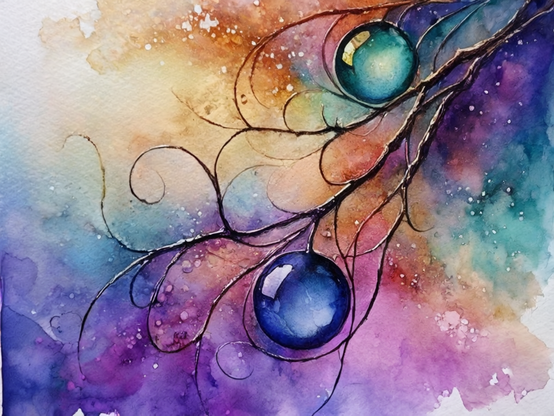 Two large spherical liquid drops, one blue and one teal colored, are captured in the vine-like bare branches of a tree limb, against a backdrop of dreamy rainbow washes of color. Watercolor style.