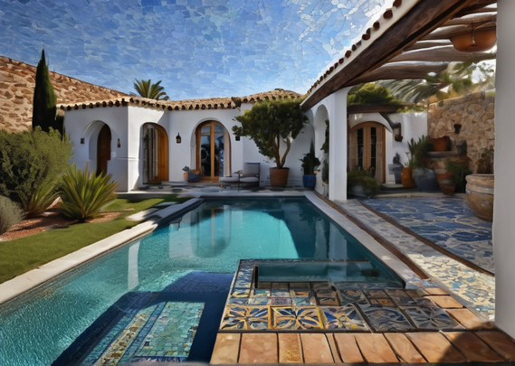 A Mediterranean-style walled courtyard of a villa with white walls, a terracotta roof, and lush greenery, with a patio of decorative mosaic style tiles that extend into a large swimming pool.