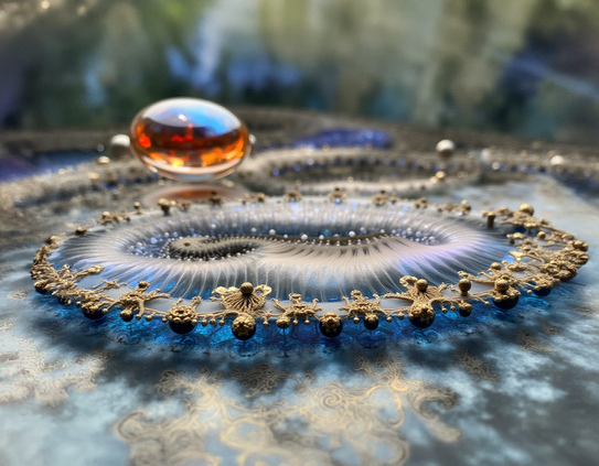 Extreme close up of a glowing red-orange oblate spheroid with aqua highlights, hovering above an intricately textured blue and gold organic surface with swirling patterns and metallic elements, against a bokeh background. Macro photography style.