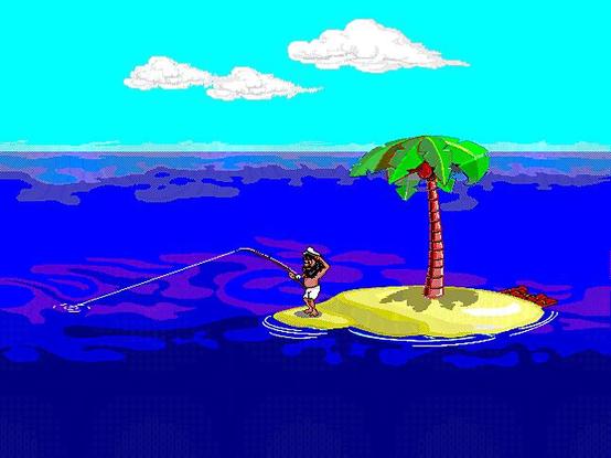 An illustration of a tropical island with a palm tree. A person is fishing from a small sandy area while standing in the ocean. The sky is bright blue with a few clouds.