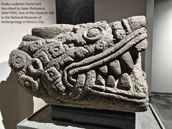 photo - Snake sculpture found and described by Seler (Seler, 1904), now at the Oaxacan hall in the National Museum of Anthropology in Mexico City.