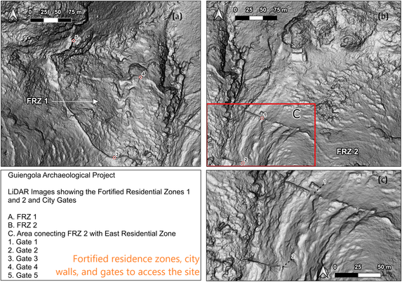 annotated maps / LiDAR data - Fortified residence zones, city walls, and gates to access the site