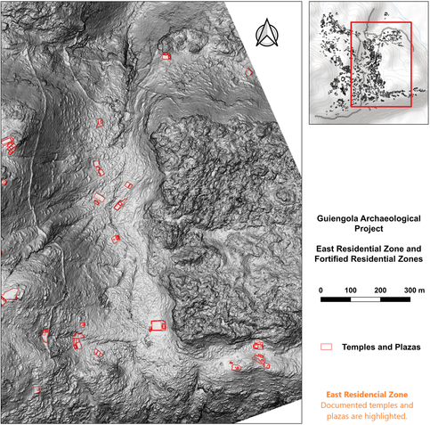 annotated map / LiDAR data - East Residencial Zone; Documented temples and plazas are highlighted