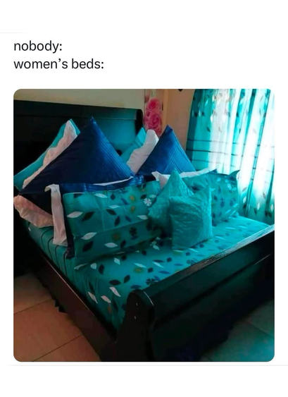 (A bed filled with pillows)  nobody: women's beds: