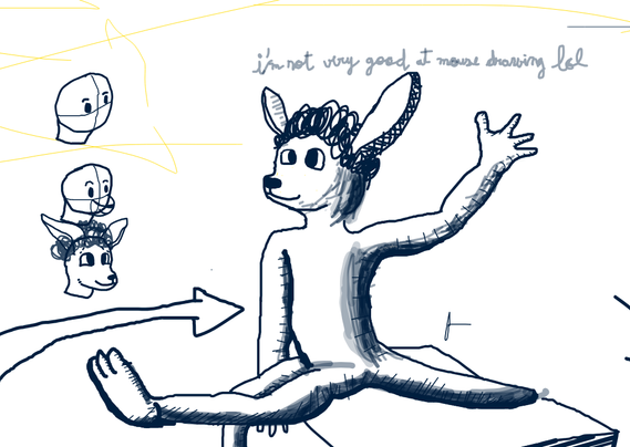A Whiteboard Online screenshot, showing a quick mouse doodle of Gus the Wallaby sitting on a rectangular slab. Beside him, a brief series of progressive head constructions.
