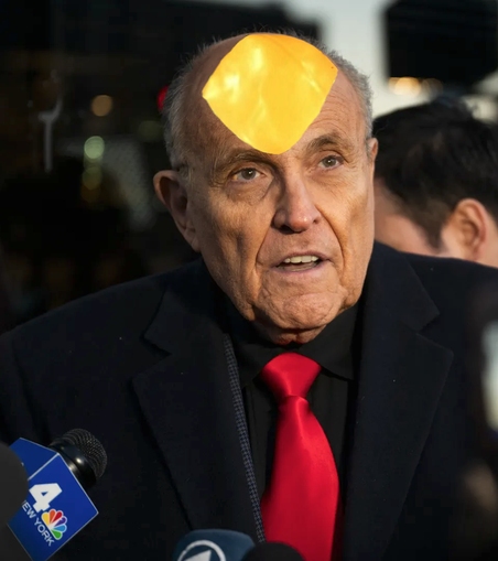 Rudy Giuliani with american cheese on his face

he settled with with those nice ladies he defamed.

he was all gussied up today in a black shirt and red tie, like he was auditioning for GoodFellas