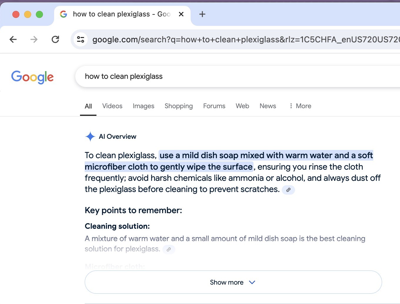 image shows that putting 'how to clean plexiglass' into a google search field returns an AI result for how to clean plexiglass