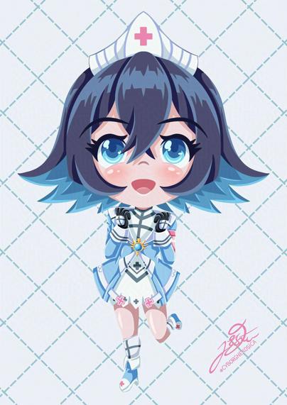 Chibi version of my OC, Sarah. She's a nurse, with dark hair wearing  white nurse hat. Her uniform is white dress and blue coat, wearing black gloves on her hand.