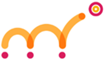A stylized logo symbolizing a bouncing ball, featuring three curved orange arcs with red dots underneath, representing bounce points, and a final upward trajectory.