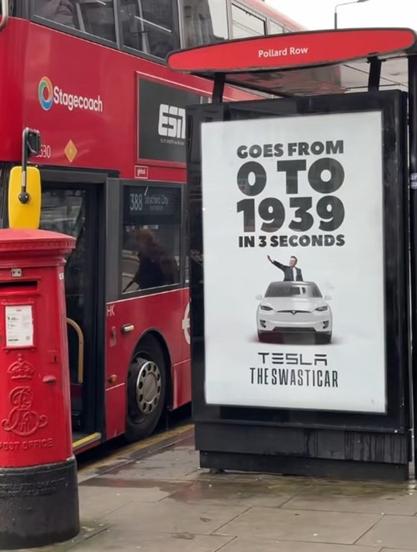 Publicité Tesla dans un arrêt de bus
Goes from 0 to 1939 in 3 seconds 
Tesla The Swasticar
Elon dans sa voiture et son salut nazi