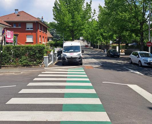 Vue de face,
Véhicule utilitaire sationné sur une voie cyclable.