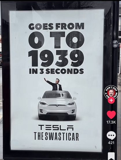 Goes from 0 to 1939 I. 3 seconds. Tesla Swasticar.

In the center, a Tesla with Musk making a nazi salute.