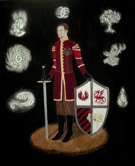 A man in red fantasy clothing and black boots is standing with a sword and a shield. The background is black and there are several white symbols of the "Order of the Seraphim" surrounding him.