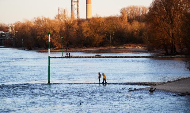Two breakwaters protruding from the bank of a large river, seen from a distance. The breakwaters have green and white pole markers on their tips, and the stone structures are almost but not quite covered by water. On each one two strollers are standing at around the half way mark. Behind them on the bank are sandy shores and dense woods, still brown and leafless from winter.