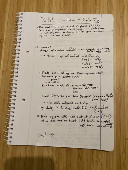 Handwitten notes describing a modular synthesizer patch. Lined white notebook page on a bamboo table.