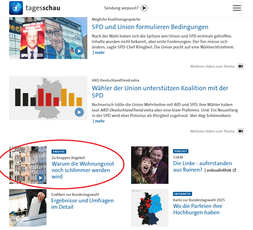 Screenshot der Startseite der Tagesschau mit verschiedenen Artikeln zum Ausgang der Buntdestagswahl 2025, darunter als Analyseartikel markiert ein Beitrag mit dem Titel "Warum die Wohnungsnot noch schlimmer werden wird."