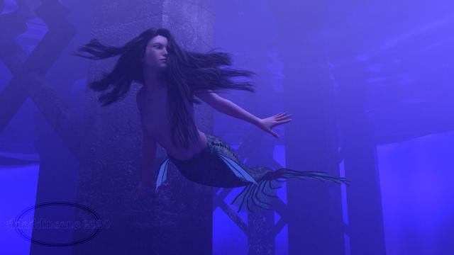 A mermaid swimming under a pier. We can see the surface of the water above her and everything has a blue hue.