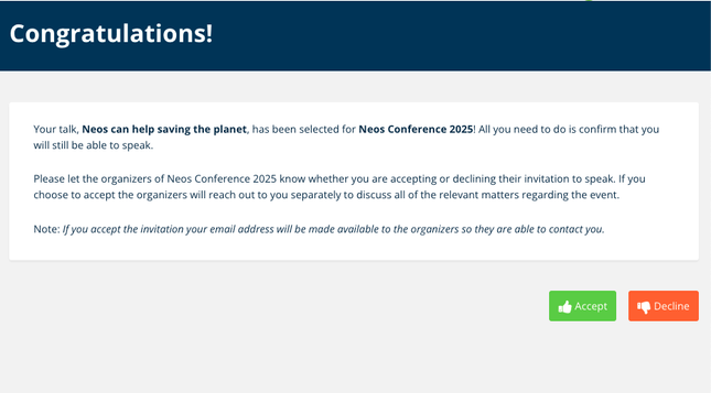 Screenshot of the paper call dialog to confirm the talk acceptance.