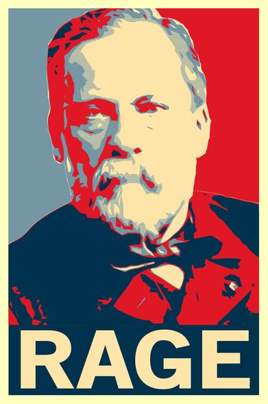 Le portait de Louis Pasteur,  le mot "rage" écrit dessous dans le style de Shepard Farey