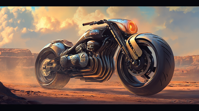 Fureur du Désert
Une moto imposante au design rétro-futuriste repose sur un sol aride, ses tuyaux d’échappement massifs et son phare incandescent évoquant une machine de l’ère post-apocalyptique.
A massive retro-futuristic motorcycle rests on the arid ground, its oversized exhaust pipes and glowing headlamp evoking a machine from a post-apocalyptic era.