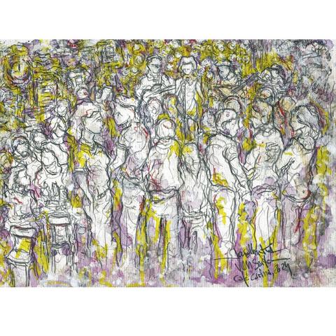 A Rebellion Brewing | Café Carina Wien, Heartbreak Rebellion Concert | Pencil, Red Wine, Beer, Crayons, Cigarette Ash and Acrylic Paint on Cardboard, Vienna 2024 | www.vonSeiten.com