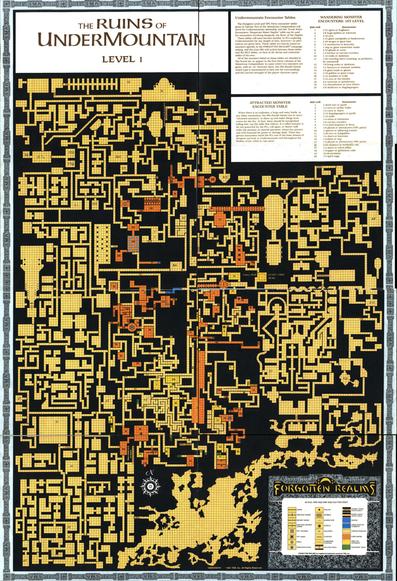 Links oben der TItel "The Ruins of Undermountain Level 1" , ein unsäglich grosser Dungeons mit gelben Qudrätchen darunter