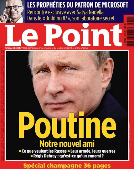 Couverture du  Point avec photo de Poutine et titre “Poutine, notre nouvel ami”
