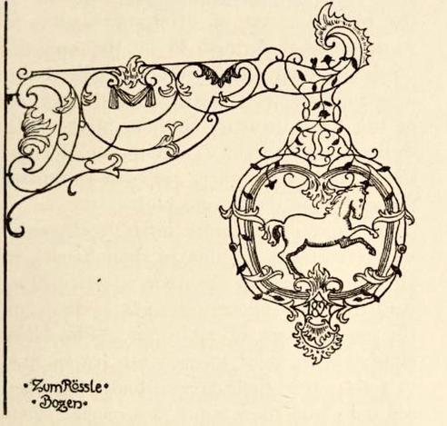 Illustration of a hanging sign. It shows a horse, and appears to be made out of metal.