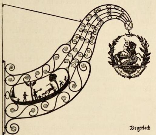 Illustration of a hanging sign. It shows a man on horseback hunting an animal. On the sign post, there is a scene of a deer hunt.