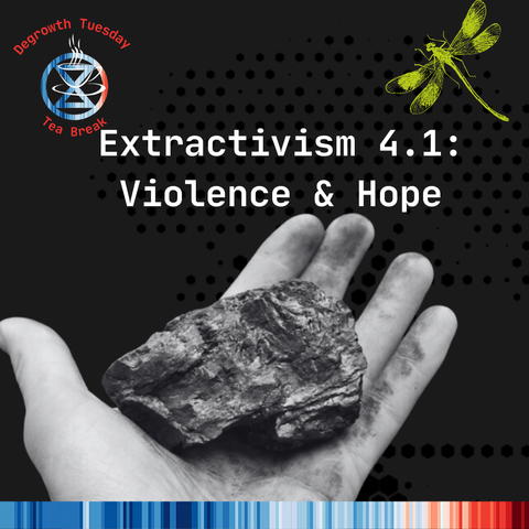 Our degrowth series title slide, including the extinction symbol, warming stripes, dragonfly image, and the hand holding a piece of coal.