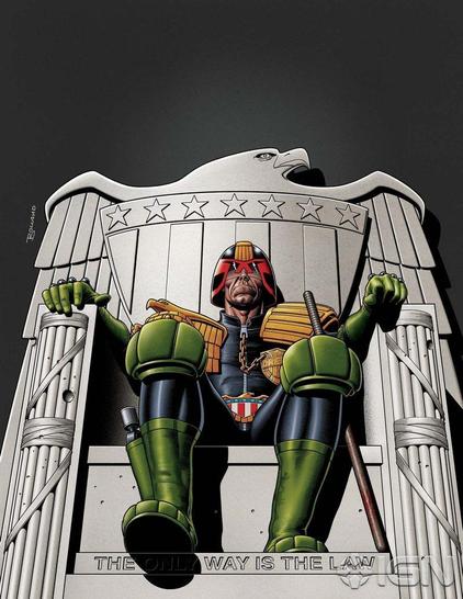 Color illustration of Judge Dredd seated on a throne, evoking the Lincoln Memorial.