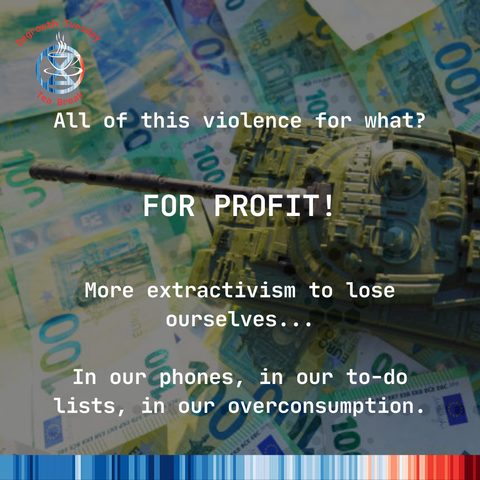 a toy-sized tank, driving over banknotes.