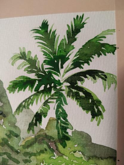 Detail of a watercolor painting: a green palm tree with some green hills in the background