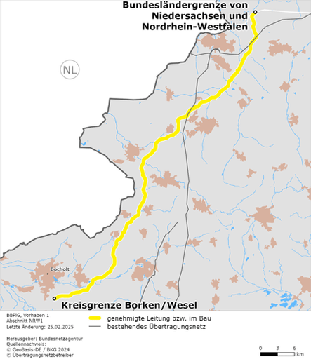 Kartografische Darstellung des Abschnitts NRW1 des Stromleitungsvorhabens A-Nord.