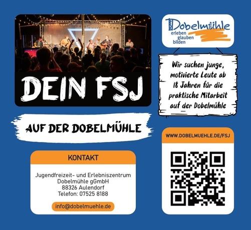 Ein Flyer „Dein FSJ auf der Dobelmühle“, Text: „Wir suchen junge, motivierte Leute ab 18 Jahren für die praktische Mitarbeit auf der Dobelmühle“ mit dem Link aus dem Post