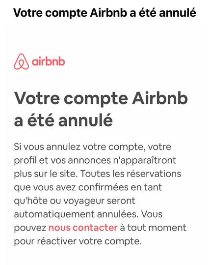 Capture d’écran du message de Airbnb de la fermeture d’un compte utilisateur