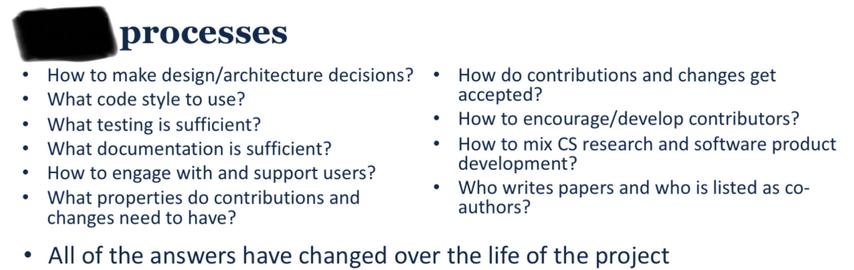 Ausschnitt einer Folie aus der genannten Konferenzpräsentation. Der Name des Softwareprojekts ist nachträglich manuell zensiert. Sichtbarer Text:
[Titel:] […] processes
• How to make design/architecture decisions?
• What code style to use?
• What testing is sufficient?
• What documentation is sufficient?
• How to engage with and support users?
• What properties do contributions and changes need to have?
• How do contributions and changes get accepted?
• How to encourage/develop contributors?
• How to mix CS research and software product development?
• Who writes papers and who is listed as co-authors?
[darunter, quer über die Breite der Folie geschrieben:] All of the answers have changed over the life of the project