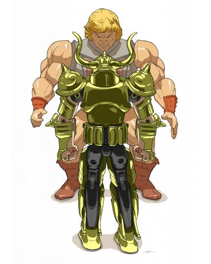 Disegno delle action figures di He-Man e del cavaliere dello zodiaco Toro che si fronteggiano. Toro è in primo piano disegnato di spalle, He Man sullo sfondo disegnato di fronte.