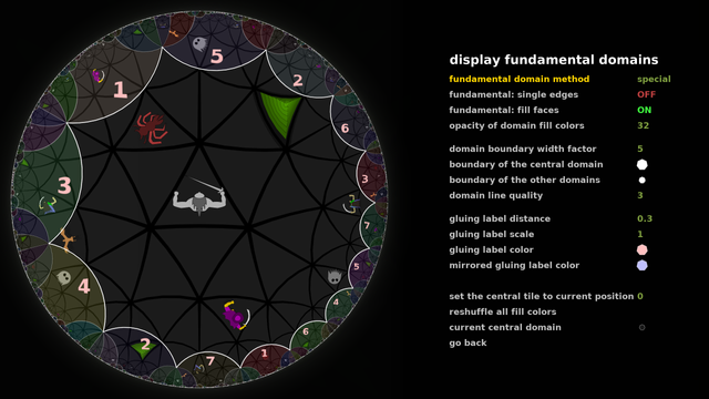 Klein Quartic universal cover as the hyperbolic plane, with the fundamental domain drawn marked, copies of the fundamental domain marked with various colors, some HyperRogue characters, and the menu to change the options
